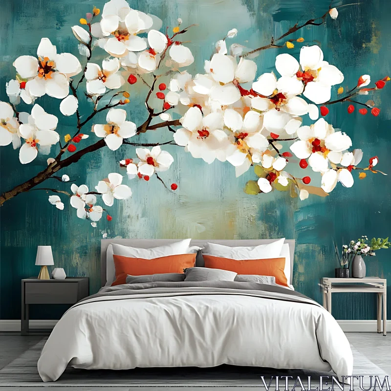 AI ART Elegant Bedroom with Floral Accent Wall