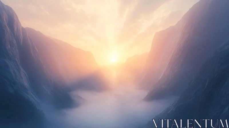 Misty Mountain Sunrise in a Quiet Valley AI Image