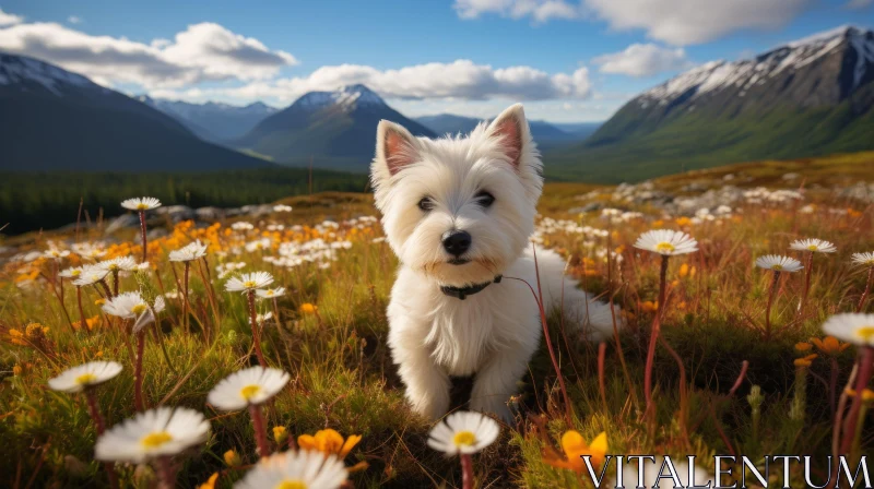 Westie Dog Amidst Wildflowers in Norwegian Landscape AI Image