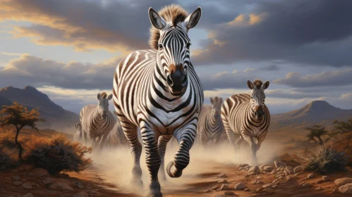 Zebras in Motion: Realistic Fantasy Art in a Desert Landscape