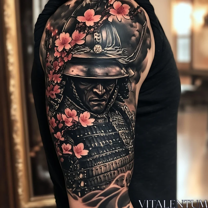 Samurai Arm Tattoo with Cherry Blossom Design AI Image