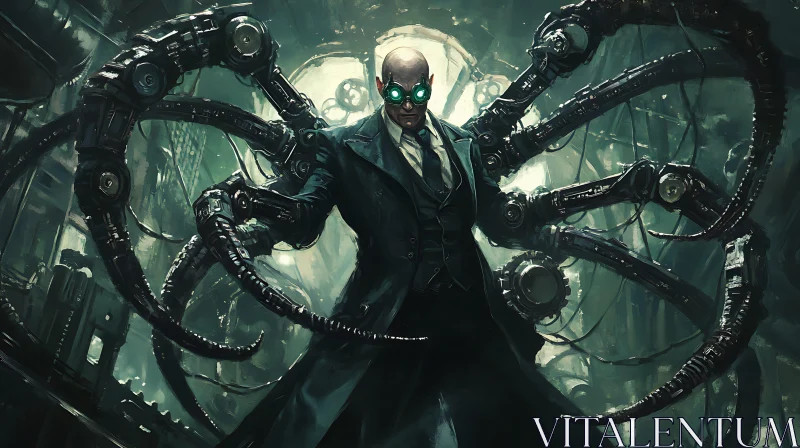 Intimidating Cyborg in Steampunk Environment with Tentacles AI Image