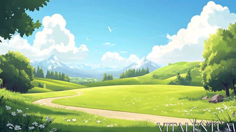 AI ART Scenic Mountain View with Winding Path