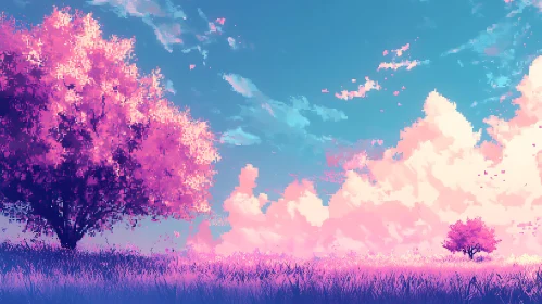 Pastel Sky and Pink Trees Pixel Art