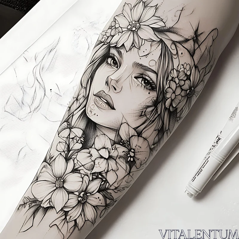 Detailed Black-and-White Ink Flower Woman Tattoo AI Image