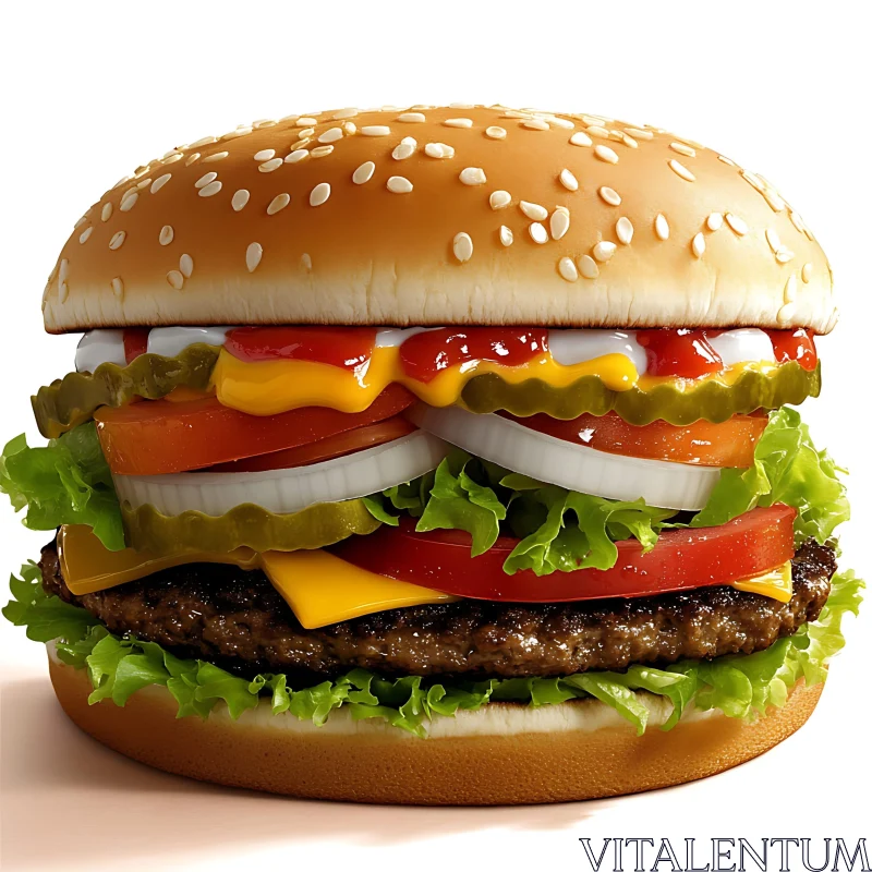 Mouth-Watering Cheeseburger with Sesame Bun AI Image