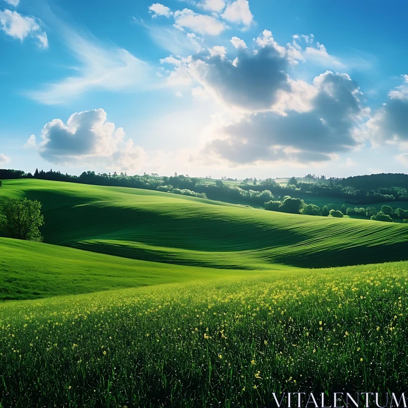 AI ART Lush Green Field with Cloudy Blue Sky