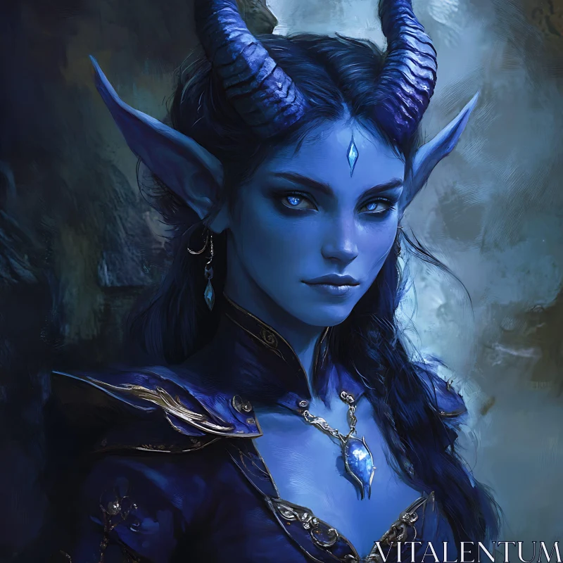 AI ART Mystic Blue-Skinned Demon with Horns