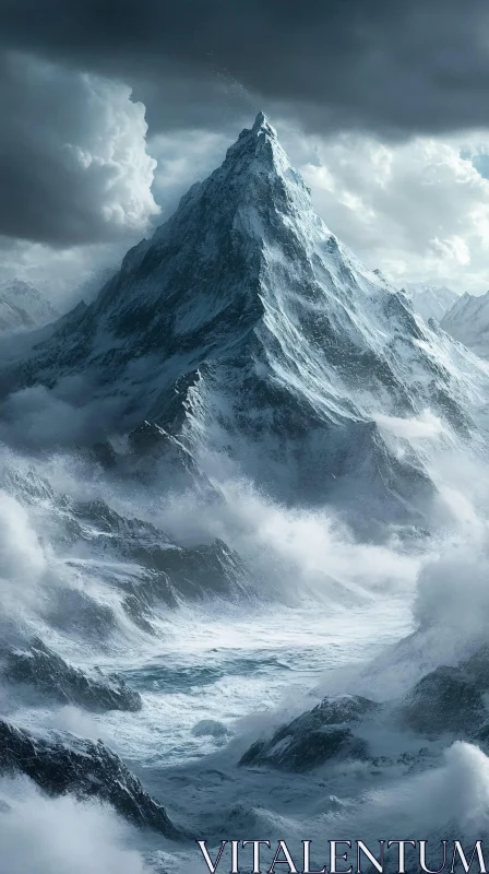 AI ART Stunning Snowy Mountain Peak in a Cloudy Sky