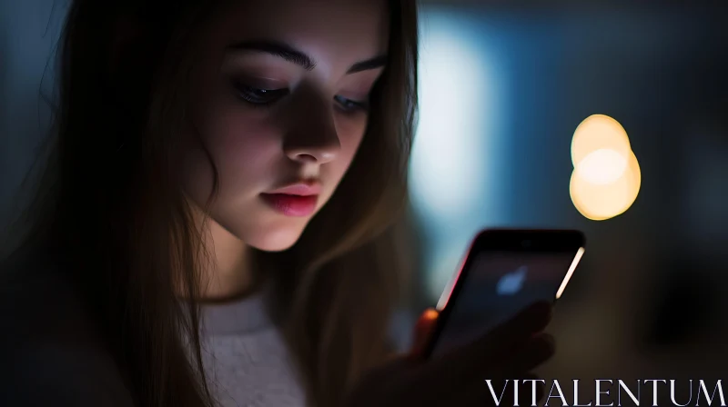 Girl Illuminated by Phone Screen AI Image