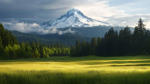 Snowy Mountain Peak Overlooking Green Meadow