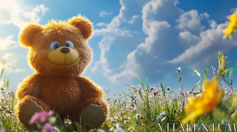 AI ART Smiling Teddy Bear in Summer Meadow