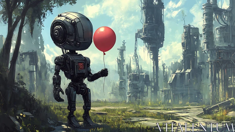 Mechanical Companion with Red Balloon AI Image