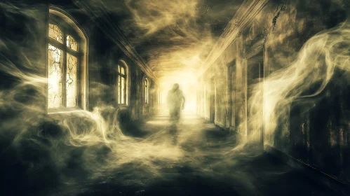 Ghostly Figure in Smoky Corridor