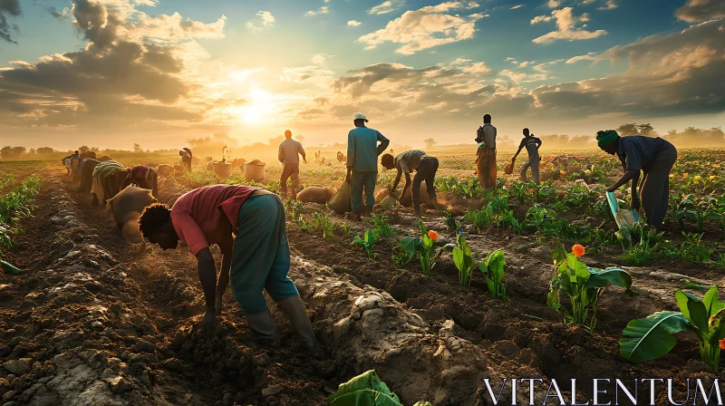 Workers in the field at sunset AI Image