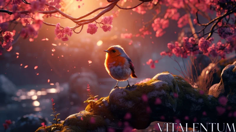 Bird Among Pink Blossoms - Unreal Engine 5 Animation AI Image