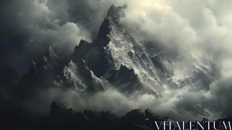 AI ART Black Peaks of a Mountain Under Cloudy Skies - Atmospheric Fantasy Art