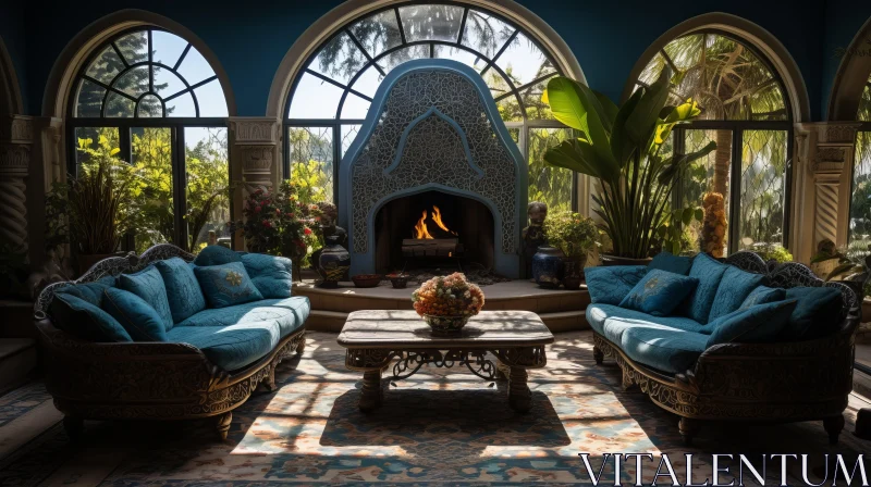 Cozy Mediterranean-inspired Living Room with Blue Couches and Fireplace AI Image