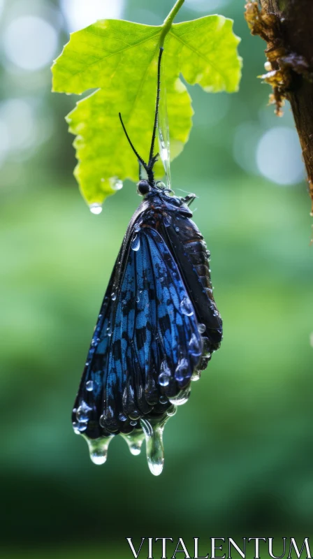 Dark Azure Butterfly on Rain-Kissed Leaf: A Captivating Nature Scene AI Image