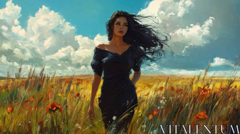 AI ART Lady in Black Dress in Summer Field