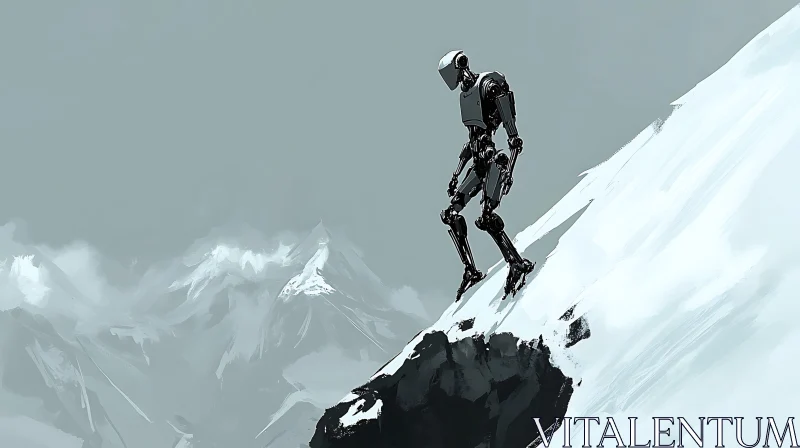 Solitary Robot in Snowy Mountains AI Image