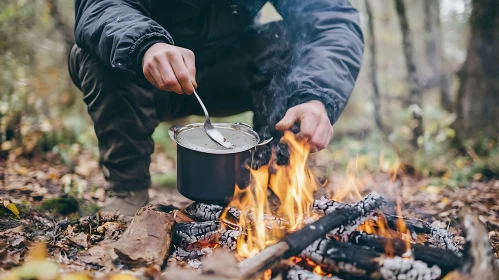 Cooking over Campfire in the Woods