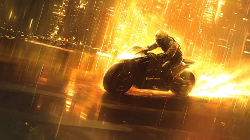 Night Ride on Motorcycle in the Rain