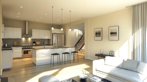 Contemporary Living Space with Kitchen View