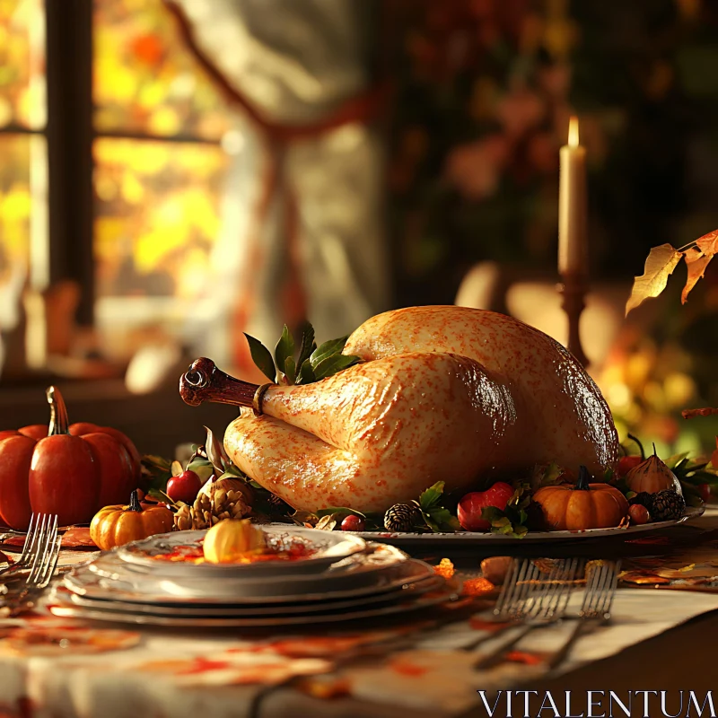 Festive Thanksgiving Table with Roasted Turkey AI Image