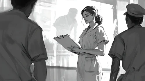 Monochrome Medical Scene with Nurse and Colleagues