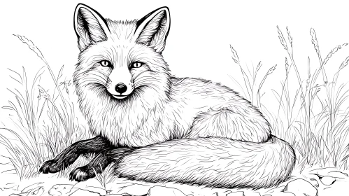 Fox in Black and White Illustration