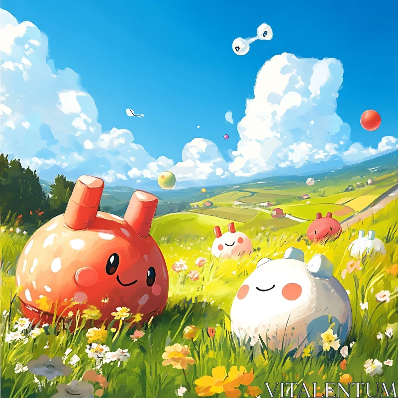 Cartoon Characters in a Green Meadow AI Image