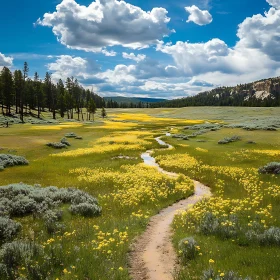 Idyllic Meadow Landscape with Winding Stream