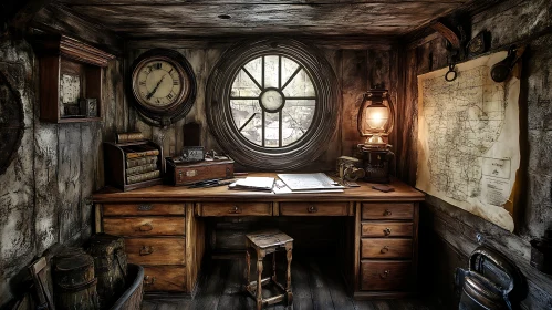 Antique Study Interior with Wooden Desk