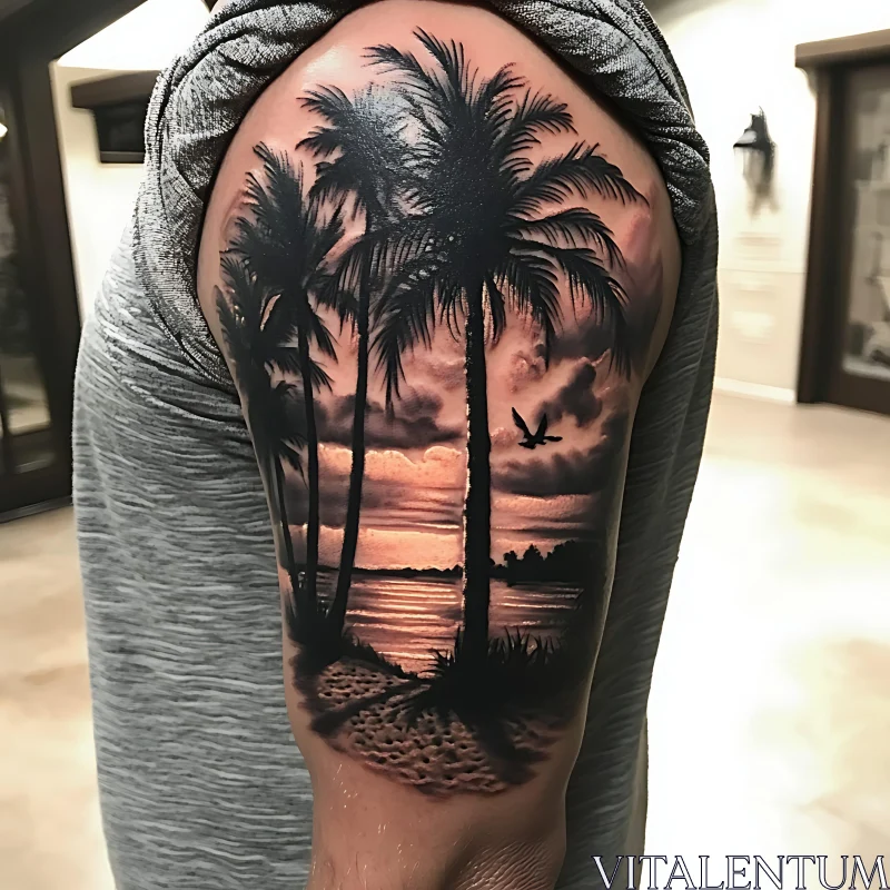 Beach Sunset Tattoo Art on Arm AI Image