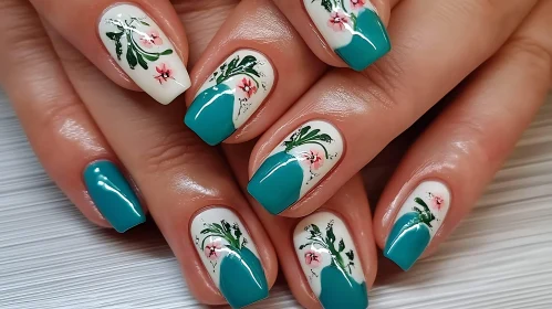 Teal and Floral Nail Design