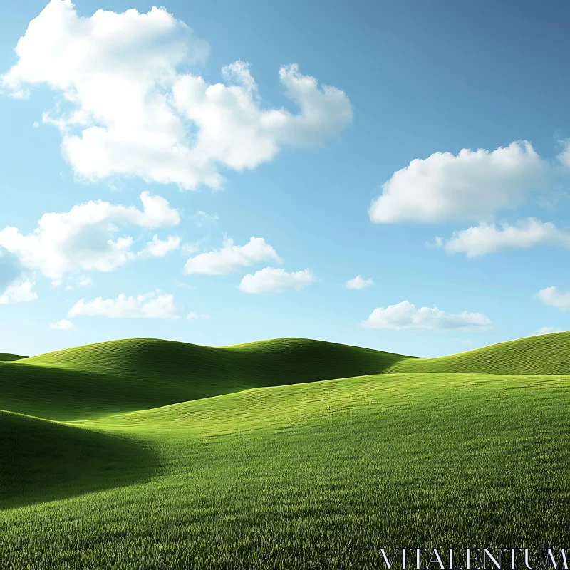 Peaceful Landscape with Green Hills and Clouds AI Image