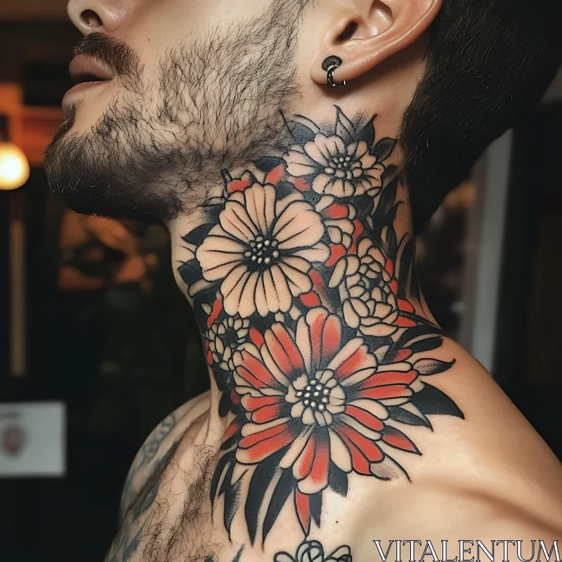 Striking Floral Tattoo Design on Neck AI Image