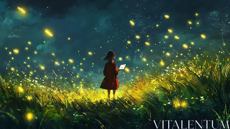 AI ART Enchanted Night with Fireflies and Reader