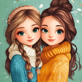 Two Cartoon Girls Friendship Illustration