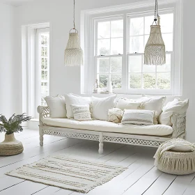 Serene White Living Space with Woven Decor