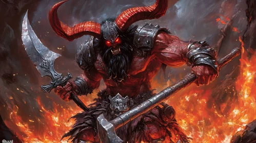 Red-Skinned Demon with Axe and Sword