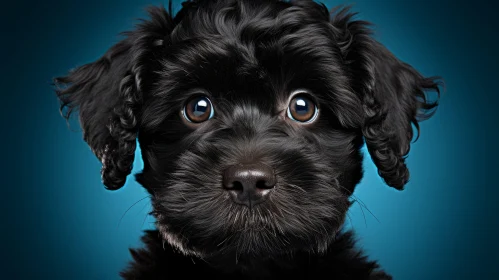 Intriguing Black Puppy Portraiture with Blue Backdrop