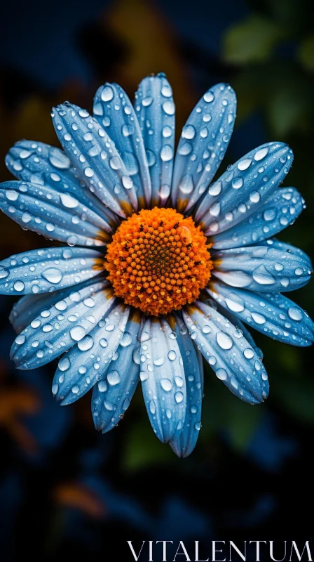 Intriguing Blue Daisy Flower with Water Droplets AI Image