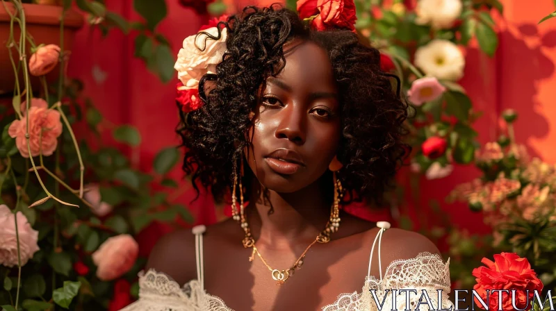 Serious African-American Woman Portrait with Red and White Flowers AI Image