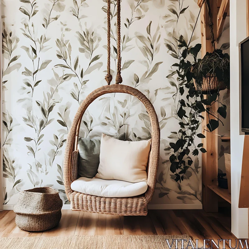 Cozy Home Interior with Wicker Chair AI Image