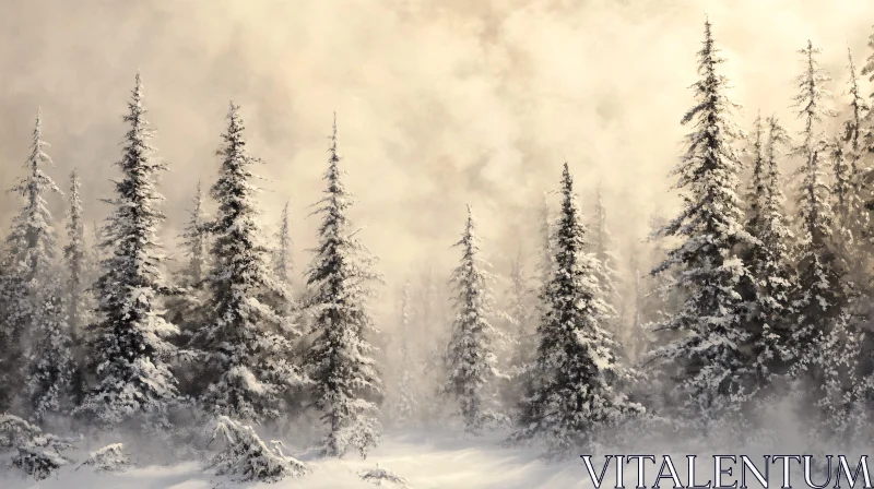 AI ART Snow-Covered Pines in Misty Winter Forest