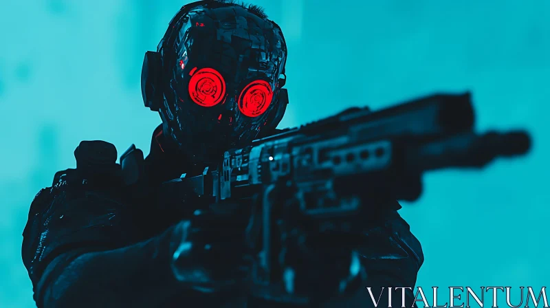 Cyborg Soldier with Glowing Eyes and Weapon AI Image