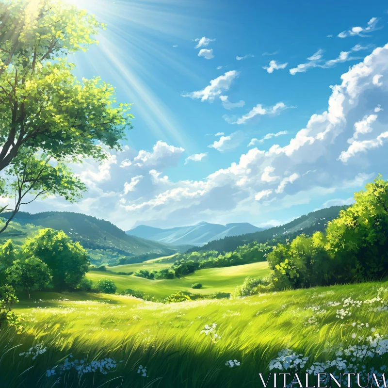 Sunlit Green Field and Blue Sky AI Image