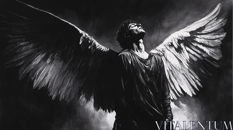 AI ART Black and White Angel with Open Wings